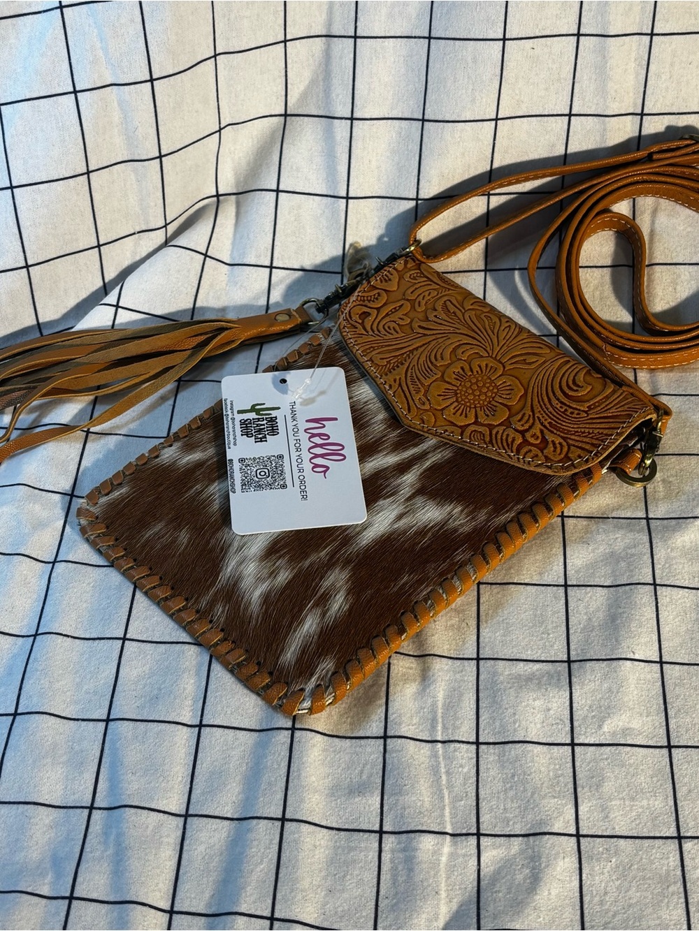 Boho Ranch - Leather Tooled Brown Cowhide Crossbody Phone Bag